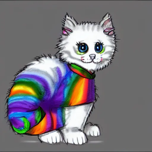 Image similar to wide angle full body, of a fluffy cute rainbow kitten wearing a black motorcycle jacket, concept art