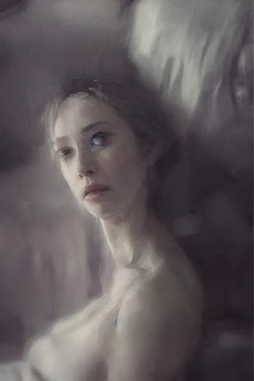 Prompt: detailed cinematic moody colors studio portrait of the memories of a lady in bed, high quality by jeremy mann, only one head single portrait