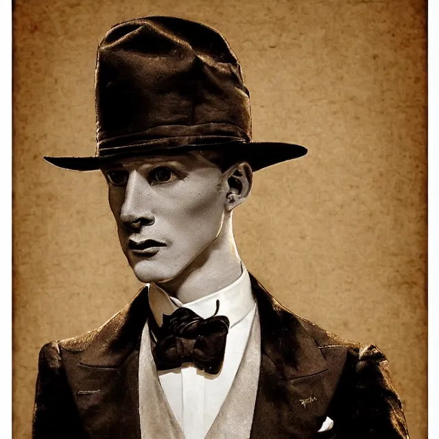 Prompt: photorealistic sepia full - head portrait of a 1 9 2 0 s era smirking male occultist, well dressed, long - tailed tuxedo coat, atmospheric lighting, dark, brooding, gothic, horror, painted, intricate, ultra detailed, well composed, best on artstation, cgsociety, epic, stunning, gorgeous, intricate detail, much wow, masterpiece