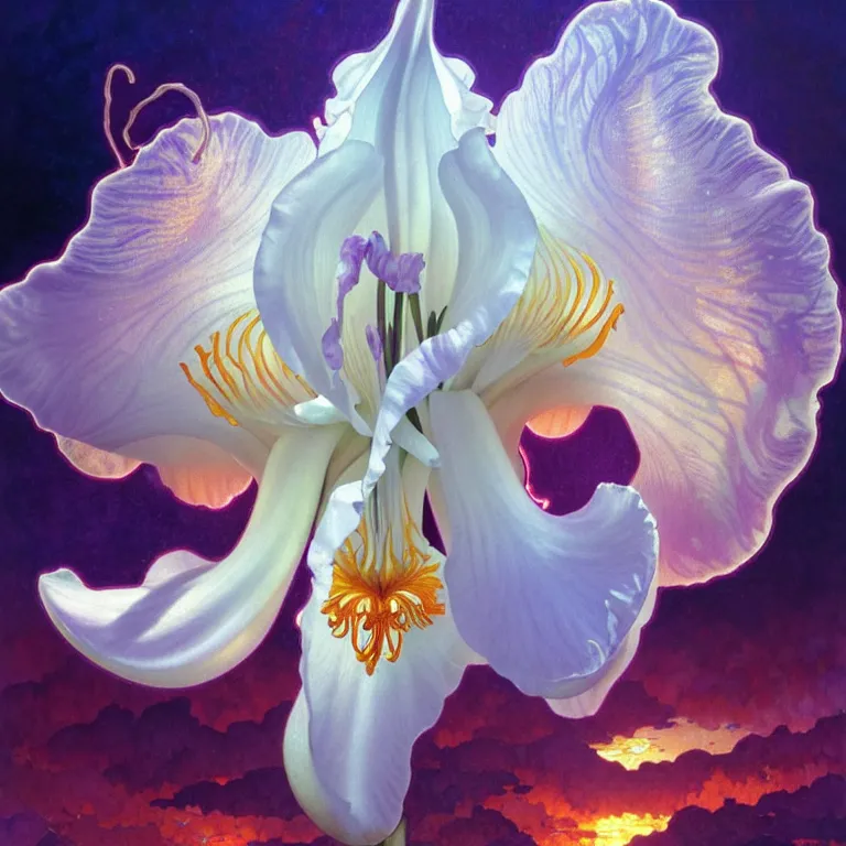 Image similar to detailed giant white holographic orchid iris hybrid flower surrounded by ocean waves, lsd water, lsd ripples, droplets, backlit, sunset, refracted lighting, art by collier, albert aublet, krenz cushart, artem demura, alphonse mucha