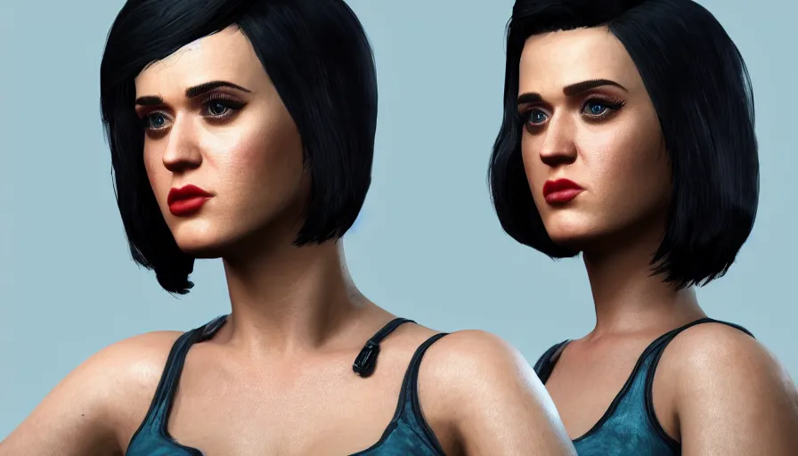 Image similar to closeup fallout 4 character screenshot of katy perry, enb, ambient occlusion, subsurface scattering, solo portrait, 4 k, bokeh, beautiful, detailed