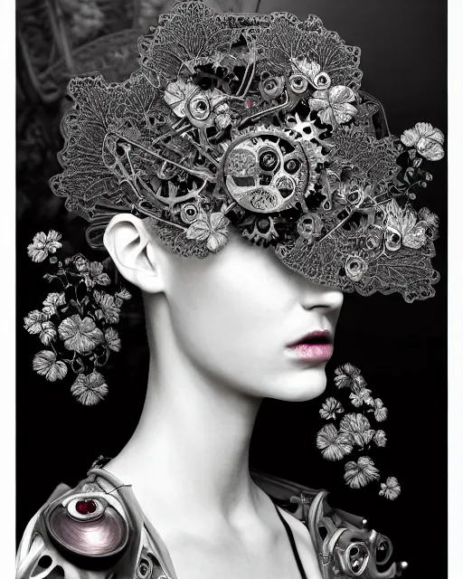 Image similar to monochrome profile portrait painting, dutch masters, silver lace floral steampunk biomechanical beautiful young female cyborg with one techno eye, monocular, volumetric light, leaves foliage and stems, hibiscus flowers, alexander mcqueen, rim light, big gothic fashion pearl embroidered collar, 8 k