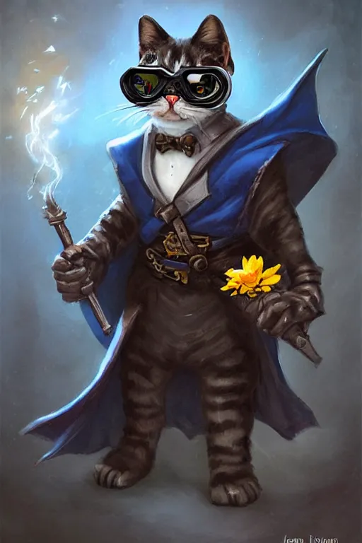 Prompt: cute anthropomorphic tuxedo cat wearing a cape and a goggles and holding a flower , miniature, baby animal, short, blue armor, cute and adorable, pretty, beautiful, DnD character art portrait, matte fantasy painting, Cg society artstarion, by Jason Felix by Steve Argyle by Tyler Jacobson by Peter Mohrbacher, cinematic lighting