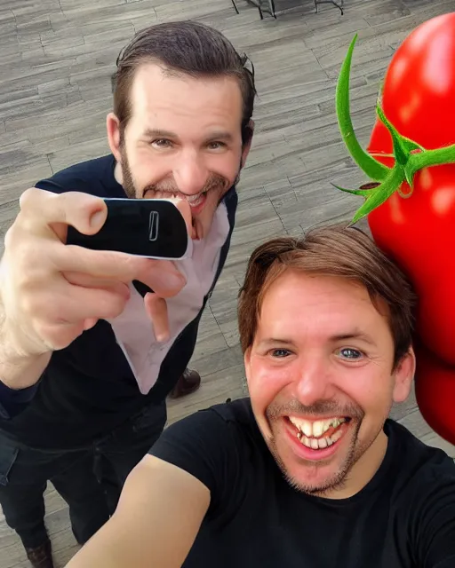 Prompt: creative designer selfie with huge tomato