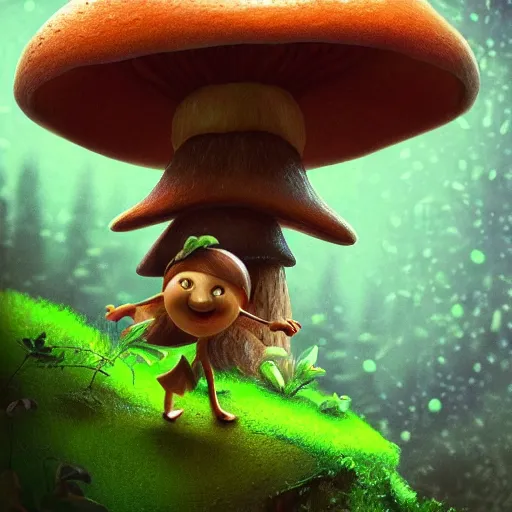 Image similar to Intricate detailed illustration, A happy humanoid mushroom frolicking in a lush rainforest, 🍄 , cinematic lighting, by Philip Hood, wide angle, volumetric light scattering, 8k, artstation, concept art,