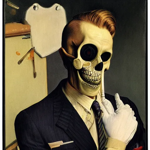 Prompt: frontal portrait of a suited blond with medical gloves and a skull face mask, by Gerald Brom and Norman Rockwell