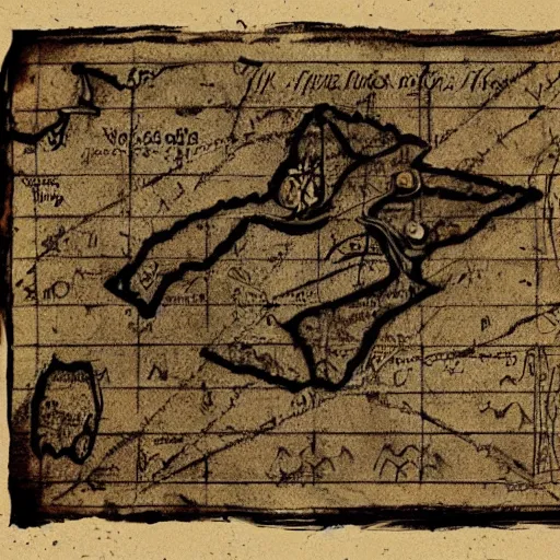 Image similar to scan of an old torn treasure map, pirates treasure map, hand drawn