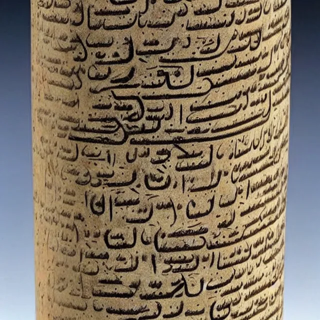 Image similar to a full realistic photo of a tall and thin cylindrical clay dead sea scroll jar with two sentences of nabatean aramaic, dark, brooding, atmospheric, volume lighting