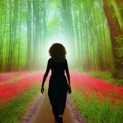 Prompt: a beautiful woman walking through an alien forest with flowers floating in the sky, cinematic, 8k, glowing