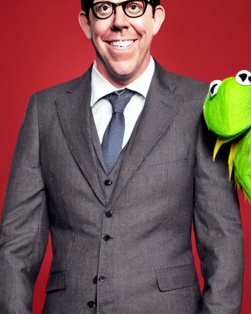 Image similar to ed helms with a suit as a muppet. highly detailed felt. hyper real photo. 4 k.