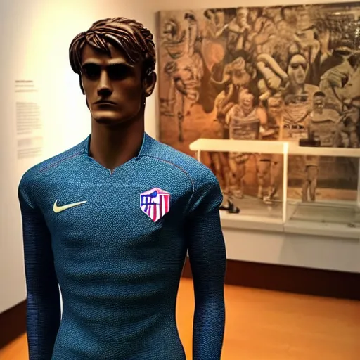 Image similar to “ a realistic detailed photo of a guy who is an attractive humanoid who is half robot and half humanoid, who is a male android, soccer player antoine griezmann, shiny skin, posing like a statue, blank stare, at the museum, on display ”