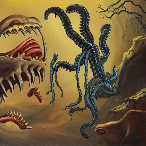 Image similar to The painting is in an animated style, with highly realistic detail. It depicts a scene from a Lovecraftian story, in which an evil creature is attacking a human. The creature is big and menacing, with sharp teeth and claws.