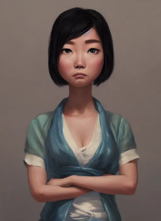 Image similar to a painting of cute Asian woman frowning, in the style of DreamWorks animation, low angle view, 16mm lens, award winning, mid-shot, hyper detailed, dramatic lighting, artstation, octane renderer, unreal engine