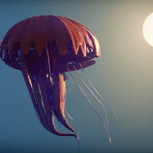 Prompt: side view a group of robot mechanical sense halitrephes maasai hamburger sharp jellyfish growing form tree branch, sunset, c 4 d, 8 k cleaning future, highly quality penetrating feeling bright light, cg, cyberpunk