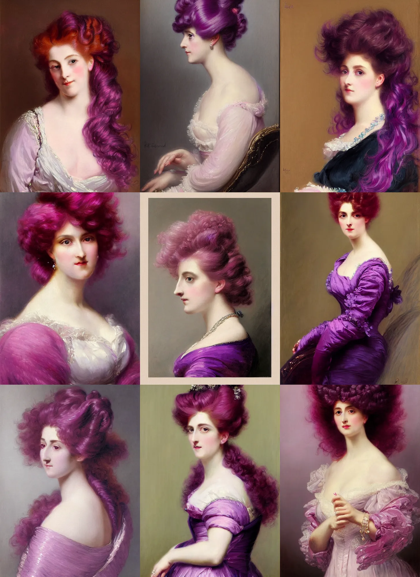 Prompt: a detailed portrait of a lady with extravagant hair by edouard bisson, purple and pink hair, oil painting, muted colours, soft lighting