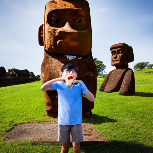 Image similar to a very upset and crying kid holding an ice cream cone but the ice cream is replaced with a moai statue, 4 k photograph