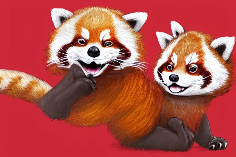 Image similar to cute cartoon drawing of a red panda waking up from bed yawning and stretching, character art, painting, trending on artstation