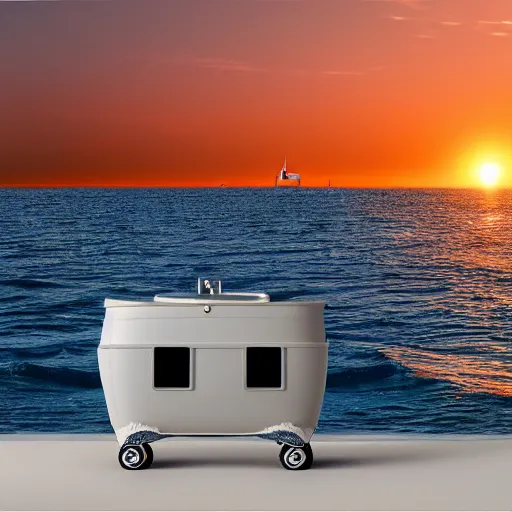 Prompt: a public bathroom stall floating in the middle of the ocean, sunset, beautiful, ultra realistic digital art, 4k, cgsociety, HDR, Intricate