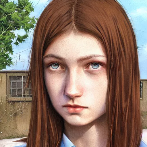 Image similar to portrait of a brunette thin teenager girl with blue eyes wearing school uniform, aims his spas-12 shotgun at you, light stubble, digital art,photorealistoc,art by greg rutkowski,hyperdetailed,western comic style,comic,comic style,sharp lineart,professional lighting,deviantart,artstation,trevor henderson,rossdtaws,cinematic,dramatic