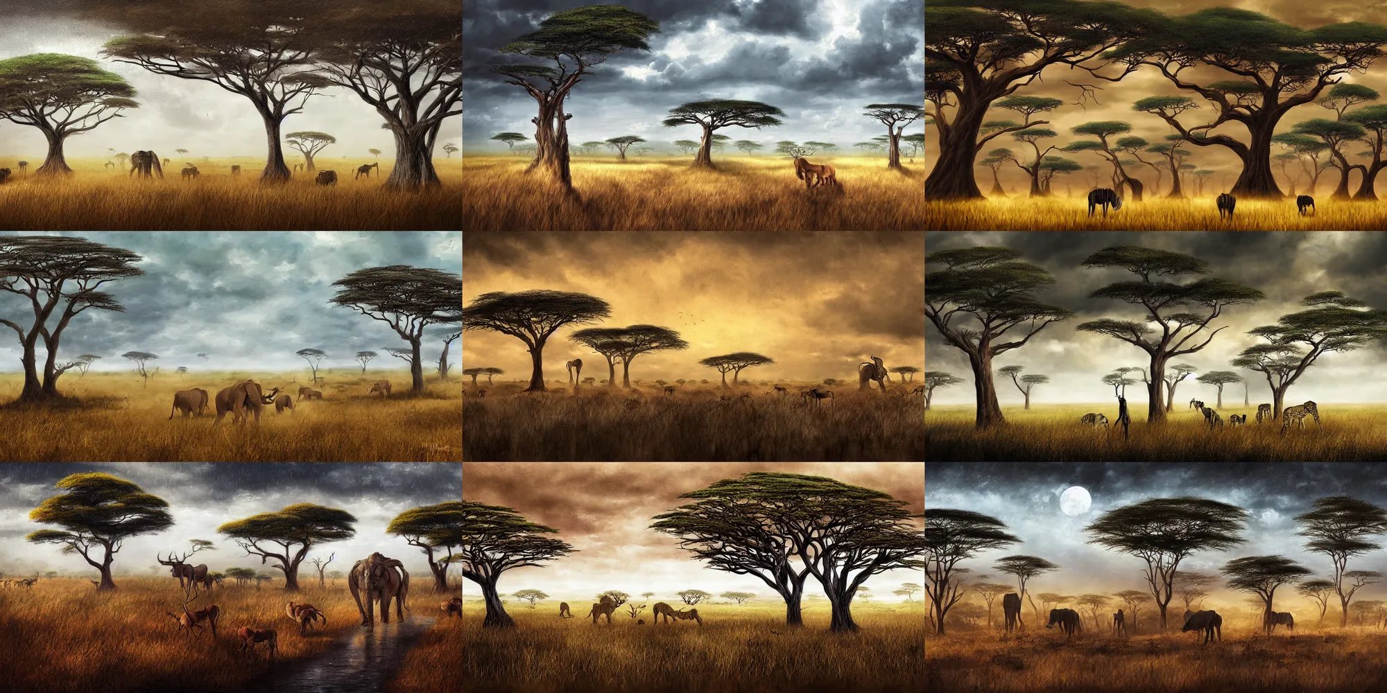 Prompt: mechanical wildlife walking on the african plains, digital matt painting, fantasy art, another world, acacia trees, dramatic lighting, heavy rain