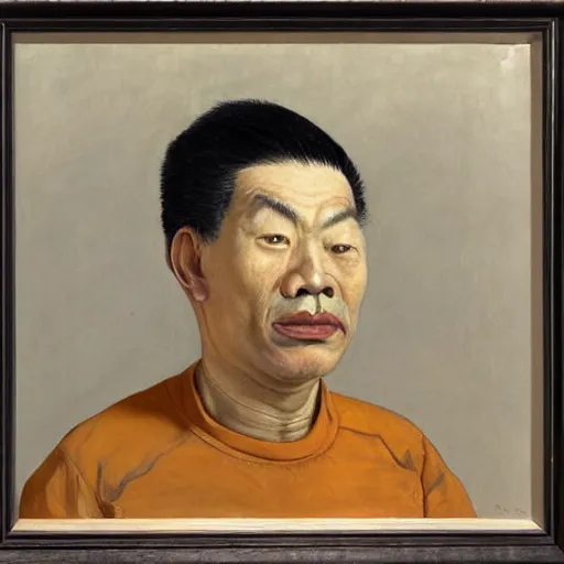 Prompt: detailed portrait of an asian american man in his 3 0 s, by lucian freud, francis bacon, grant wood