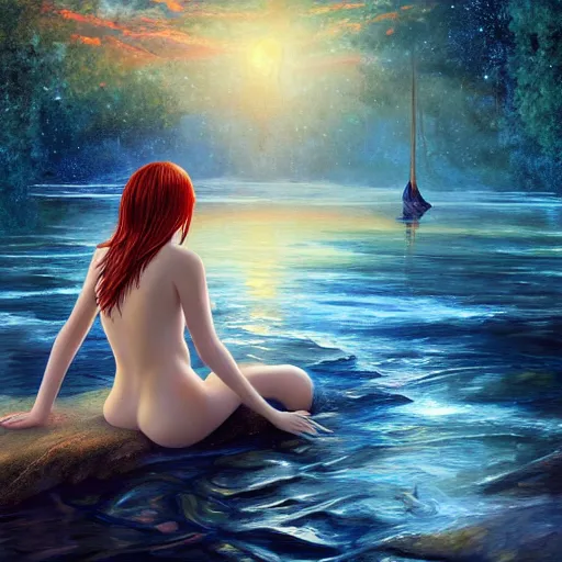 Image similar to redhead beautiful girl bathing in a river, night, moonlight, plus ultra cryengine render by android jones, james christensen, rob gonsalves, leonid afremov and tim white