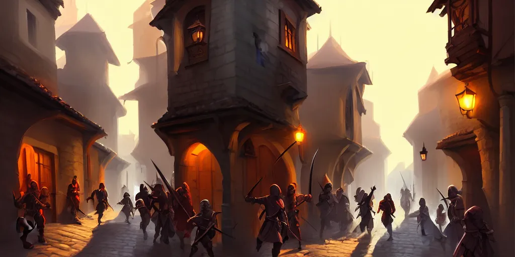 Image similar to an exciting fantasy street battle within a fascinating old city, soldiers fighting, narrow streets, old buildings, by Sylvain Sarrailh, cinematic, simple but effective composition, clean lines, beautiful digital painting, oil painting, detailed, dungeons and dragons, lord of the rings