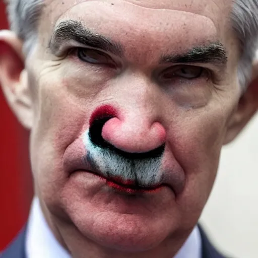 Image similar to Jerome Powell with colorful clown makeup all over his face