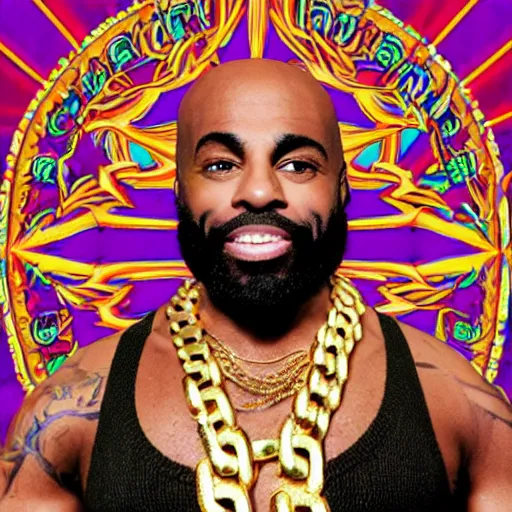 Image similar to a photograph of joe rogan as mr. t wearing many gold chains with a psychedelic dmt background