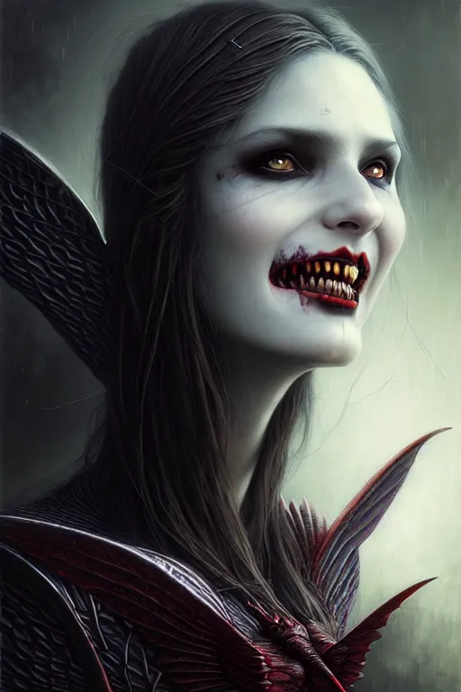 Image similar to winged vampire with a beautiful face by anna podedworna, ayami kojima, greg rutkowski, giger, maxim verehin