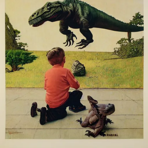 Image similar to a Norman Rockwell painting of a boy and his baby t-rex