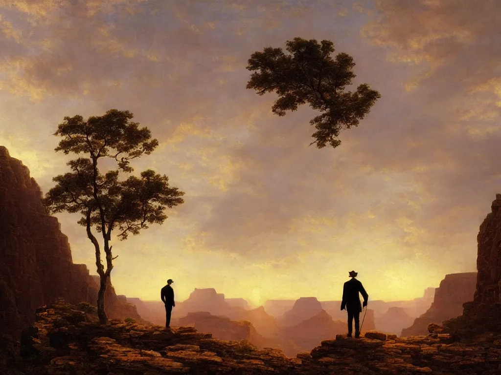 Prompt: romantic painting, wide shot of a lone gentleman in 1 9 th century clothing ( looking at his cellphone )!!!!!! in front of a the grand canyon at sunrise, highly detailed, sublime, hyperrealistic, painted by caspar david friedrich and albert bierstadt, trending on artstation 8 k