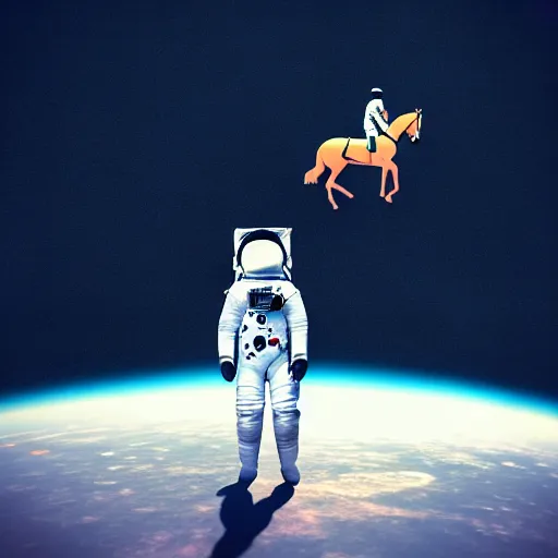 Image similar to an astronaut standing on the ground and a small trippy aggressive centaur standing on that poor human being standing on all fours astronaut raising his arms up, really trying to ride it, the horse is on his shoulders and grabbing them, minimalist style, 3 d render, isometry