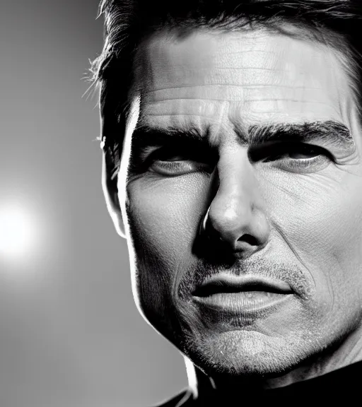 Prompt: Tom cruise wearing partial broken superior ironman mask only in pain and anger deep dark backlit night technoir cinematic monochromatic portrait photo by Leica Zeiss in detailed depth of field lens flare trending on Flickr realistic hd by frank Miller