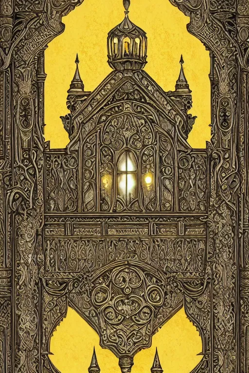 Image similar to ancient silver tower of the moon, fairytale illustration, elaborate carved wood balconies, tall windows, moorish architecture, formal gardens, dramatic cinematic lighting, beautiful moths, soft colors, golden age illustrator