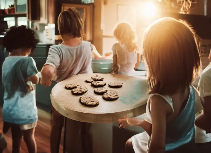 Image similar to a 3 5 mm photo from the back of a family making cookies, splash art, movie still, bokeh, canon 5 0 mm, cinematic lighting, dramatic, film, photography, golden hour, depth of field, award - winning, anamorphic lens flare, 8 k, hyper detailed, 3 5 mm film grain