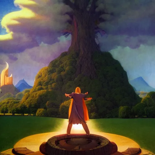 Prompt: a magical wizard in front of a big and mystical of a big and structured fantasy kingdom city, god rays, giant tree, bloom, cinematic lightning, twilight, sunset, fantasy, portfolio illustration, HQ, portal to outer space by Maxfield Parrish, Leonardo Davinci, octane render, digital art 8k, trending on artstation, anime, unreal engine