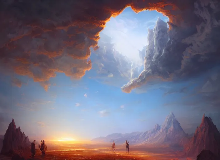 Prompt: A crackling portal to hell opening in an idyllic heavenly sky, a fantasy digital painting by Greg Rutkowski and James Gurney, trending on Artstation, highly detailed