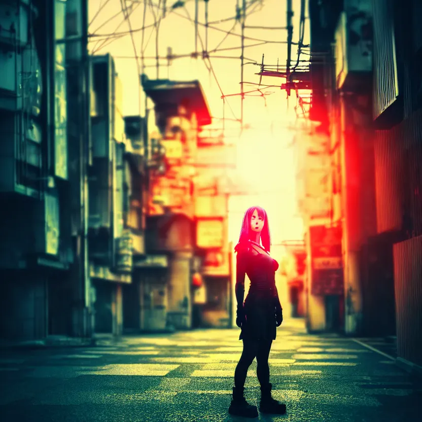 Image similar to a photo close up cyberpunk action pose woman standing in a cyberpunk hiroshima, prefecture streets, sunset, photorealistic, cinematic lighting, highly detailed, bokeh, style by tomino - sama
