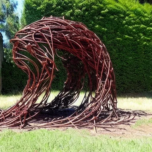 Image similar to sculpture made out of rusty barbed wire.