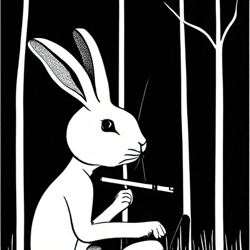 Image similar to an epic profile of a rabbit smoking a cigarette deep in the forest, striking pose, black and white illustration, creative design by junji ito