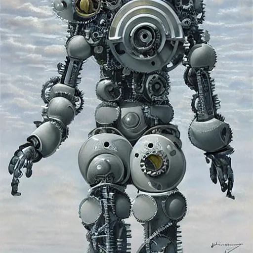 Image similar to a highly detailed retro futuristic robot with gears and other mechanical parts made out of pasta going for a walk outside, painting by Jim Burns