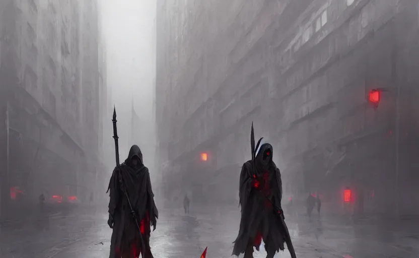 Prompt: the grim reaper on a dark city street, soft grey and red natural light, intricate, digital painting, artstation, concept art, smooth, sharp focus, illustration, art by greg rutkowski and luis rollo and uang guangjian and gil elvgren, symmetry!