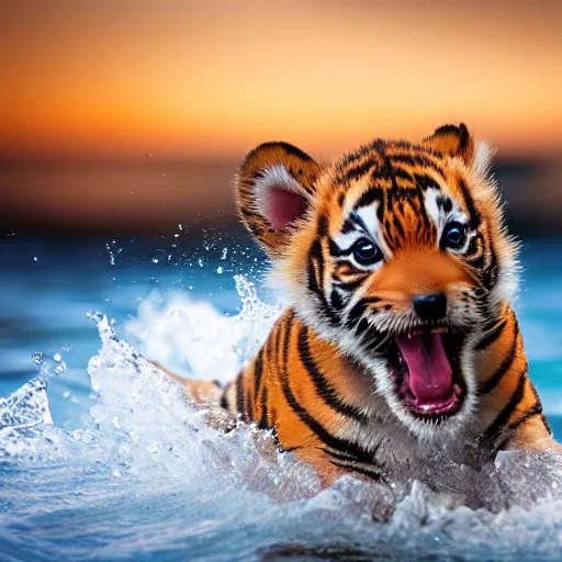 Image similar to a closeup photorealistic photograph of a cute smiling tiger bichon puppy splashing in the surf during sunset. professional capture, well lit shot. this 4 k hd image is trending on artstation, featured on behance, well - rendered, extra crisp, features intricate detail, epic composition and the style of unreal engine.