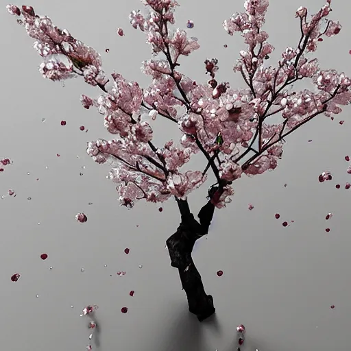 Prompt: glass cherry blossoms shattering as real flowers start to bloom from the cracks, ultra - realistic, 3 d by farid ghanbari, elegant, beautiful