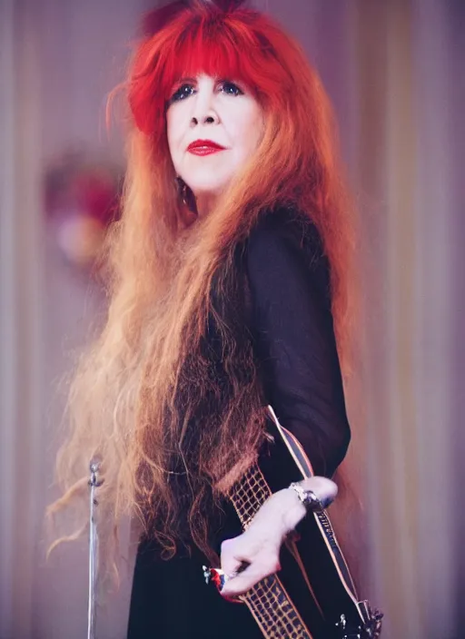 Image similar to dslr portrait photo still of stevie nicks with red hair playing a guitar, 8 5 mm, f 1. 8