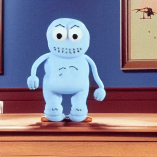 Image similar to still image of hyper realistic mr. meeseeks as a guest star on seinfeld, cinematic ( 1 9 9 4 )