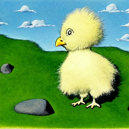 Prompt: view from side of fluffy baby chicken sitting on a grassy hill with rocks around it looking up at the clouds, award winning illustration by maurice sendak and don freeman