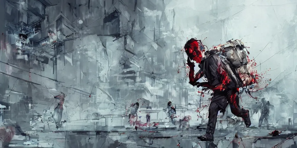 Prompt: dude in hazmat suit carrying suitcase running from zombie hoard on harbor by yoji shinkawa, katayama bokuyo, agnes cecile, character concept art, vibrant colors, 8 k epic scene