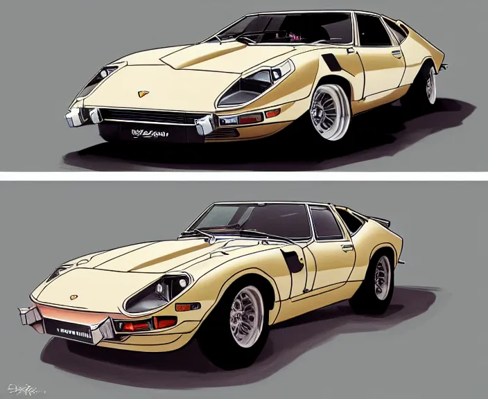 Image similar to a blending, amalgamation and detailed combination of a lamborghini countach, datsun 2 6 0 z and a jaguar e - type, concept art, very round headlights, long front end, 8 k, highly detailed, trending on art station, dramatic lighting